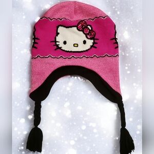 Hello Kitty Earflap Beanie Hat Sanrio Knit Cap Pink Black Cat Kids Girls 4-14
